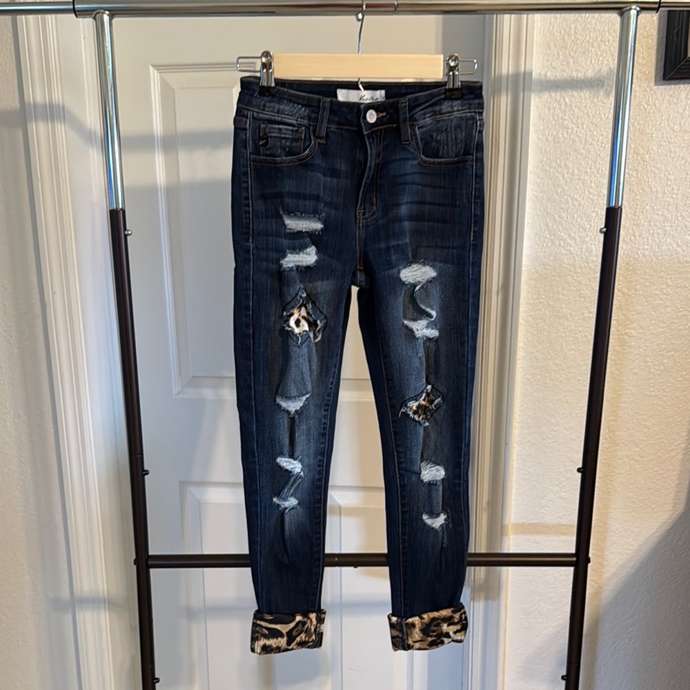 KanCan Blue Ankle Cropped Jeans with Distressed Details
